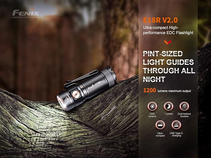 Fenix E18R V2.0 EDC Flashlight, 1200 Lumens USB-C Rechargeable Ultra Compact Pocket Light (Black)