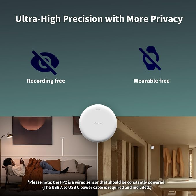 Aqara Presence Sensor FP2 Bracket Set, mmWave Radar Wired Motion Sensor, Zone Positioning, Multi-Person & Fall Detection, Supports HomeKit, Alexa, and Home Assistant, 2.4 GHz Wi-Fi Required