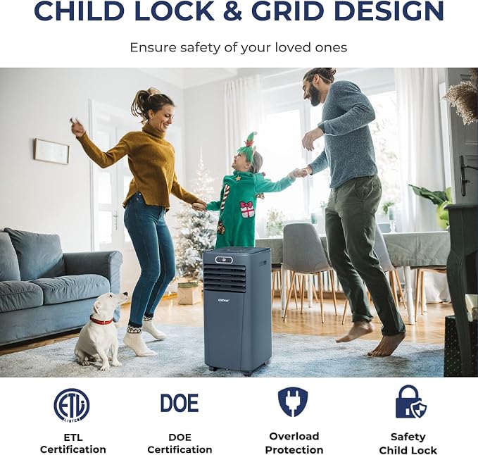 COSTWAY Portable Air Conditioner, 10000BTU Air Cooler with Drying/Fan/Sleep Mode, 2 Speeds, 24H Timer, for Home & Office, Cools Room up to 350 Sq. ft, Window Kit Included (10000 BTU, Dark Blue)
