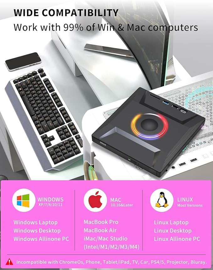 External CD DVD Drive,7 in 1 USB 3.0 and Type-C CD Burner Player Writer with 2 USB Ports and 1 TF/SD Card Slots,Portable Slim Optical Disk Driver for Laptop Mac PC Windows Linux OS