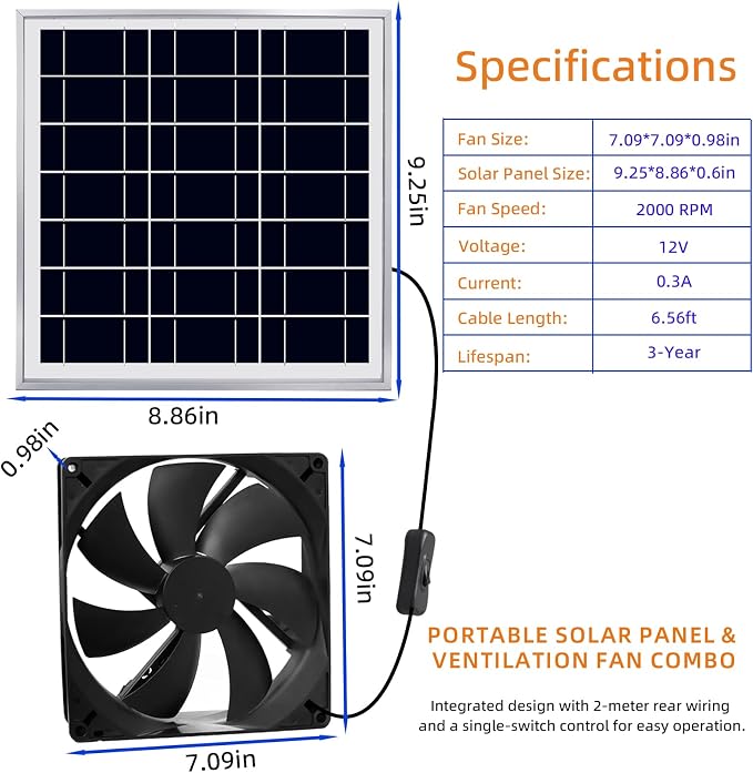 Solar Powered Fan Kit 7 inch Solar Fan for Chicken Coop, Shed, Greenhouse, Outside, Solar Exhaust Fans Solar Panel Fan for Dog Pet Houses
