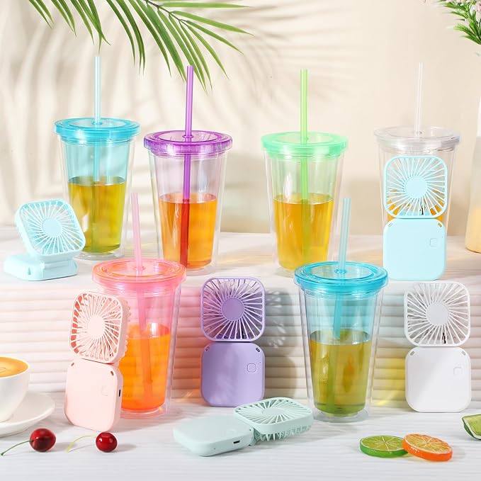 Skylety 12 Pcs Necklace Fans and Insulated Tumbler Set Portable USB Handheld Mini Necklace Fan with 3 Speed and 16 oz Insulated Double Wall Plastic Cups with Lid Straw for Women Men Summer Travel