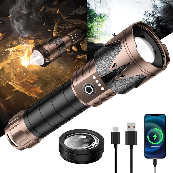 SKYFIRE Rechargeable Tactical Flashlight with Ignition Lens,10000 Super Bright LED Flashlights High Lumens,Zoomable 6Modes Waterproof Camping Survival Gear for Outdoor Emergency,Fire Starter-Gift Box