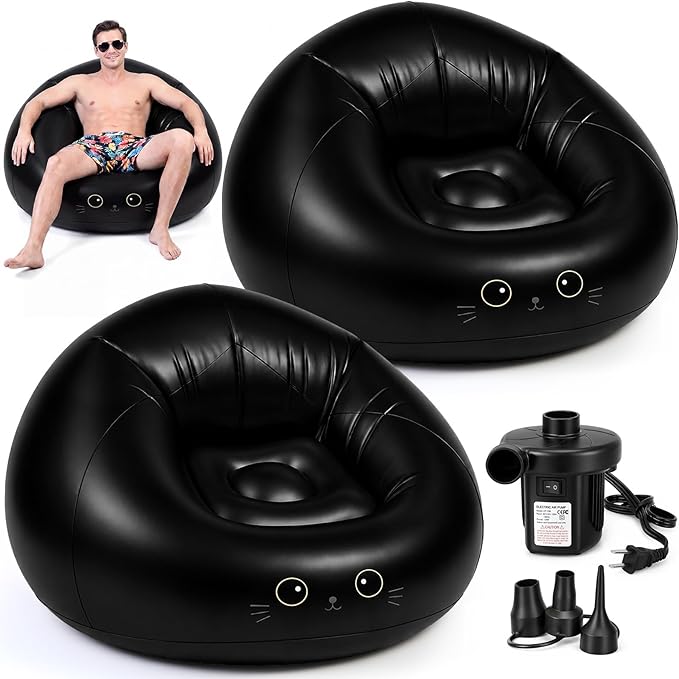 Capoda 2 Pcs Inflatable Bean Bag Chairs with Air Pump - Black Cat Blow up Beach Chairs Folding Portable PVC Lazy Sofa Inflatable Seatings for Adults Gaming Camping Movie Party Supplies