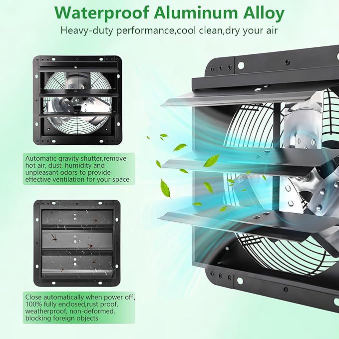 Shutter Exhaust Fan with Thermostat & Speed Control, 576 CFM,1700RPM, Upgrade 7 inch Wall Mount Attic Vent Fan for Chicken Coops, Greenhouse, Barn, Garage, Shed Ventilator