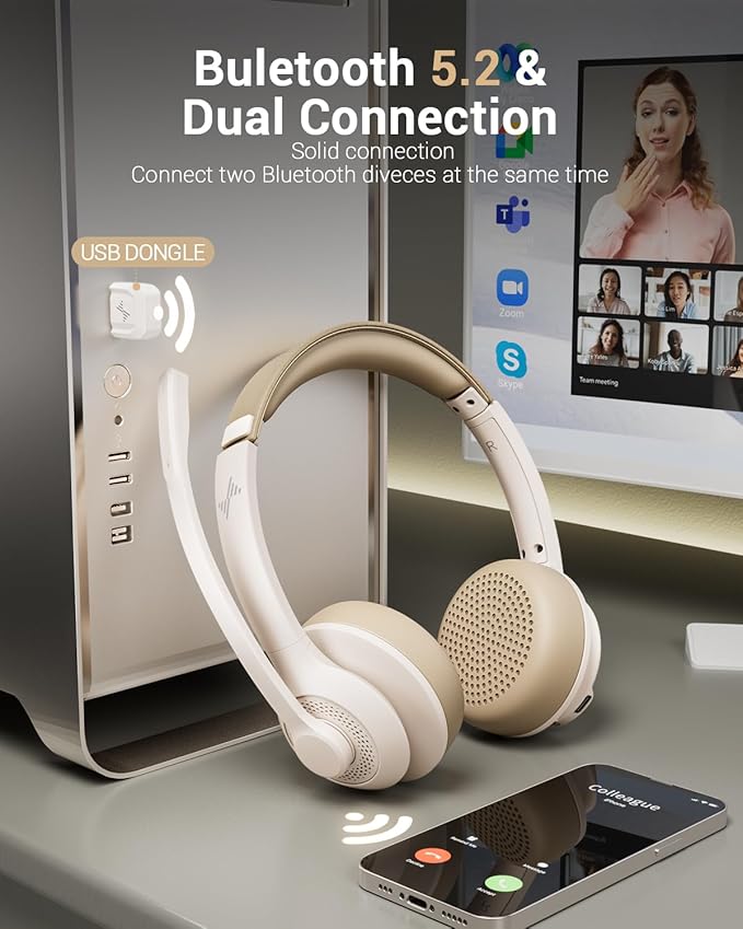 JIAMQISHI Wireless Headset with AI Noise Cancelling Microphone Bluetooth Headset - Bluetooth V5.2 Headphones with USB Dongle & Mic Mute for Computer/Laptop/PC/iPhone/Android/Cell Phones (White)