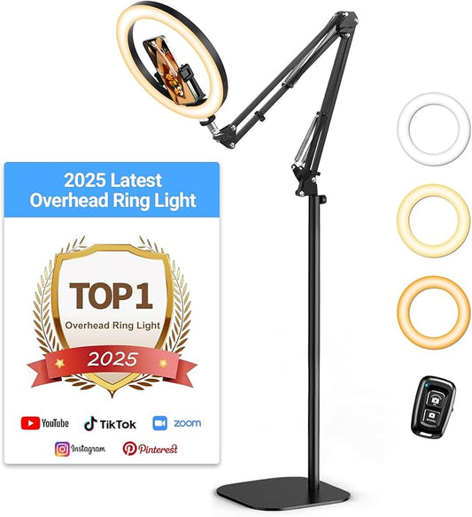 Latest Ring Light with Stand Tripod for iPhone, Overhead Phone Camera Mount with Light and Phone Holder Stand for Recording, 10” Selfie Light for Video,Streaming,Photography, Tiktok, YouTube