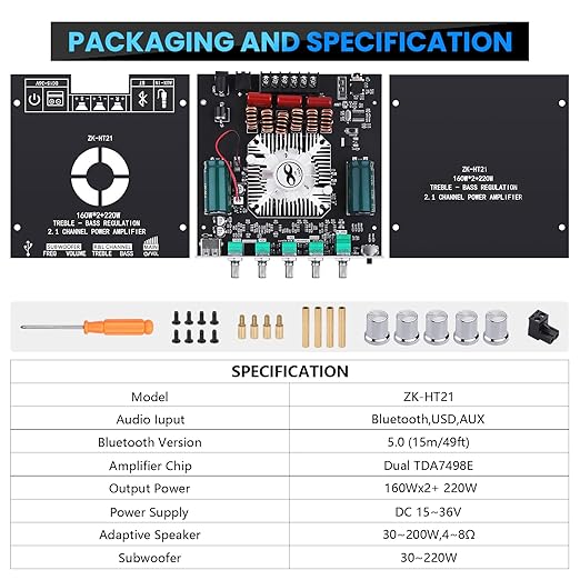 Bluetooth Amplifier Board, ZK-HT21 2.1 Channel 160W x 2+220W Subwoofer Stereo Mini Audio Power Amplifier Module TDA7498E HiFi Chips,BT USB AUX Input DC 15-36V for DIY Home Speakers