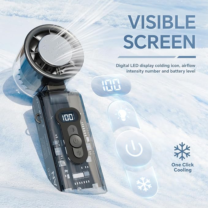 USB-C Rechargeable Cooling Handheld Fan, Portable Mini Turbo Fan with LED Flashlight & Cold Touch Plate, Foldable with Lanyard for Travel, Office Desk, Personal Quiet Cooling, Indoor/Outdoor Use