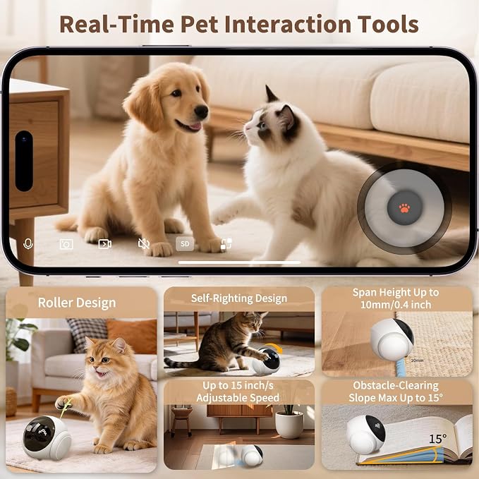 1080P Moving Pet Robot Camera, Smart Home Security Robot with Auto Tracking, Night Vision, 2-Way Audio, Auto-Recharge, Motion Alerts, App Control for Pet, Baby & Elderly Care