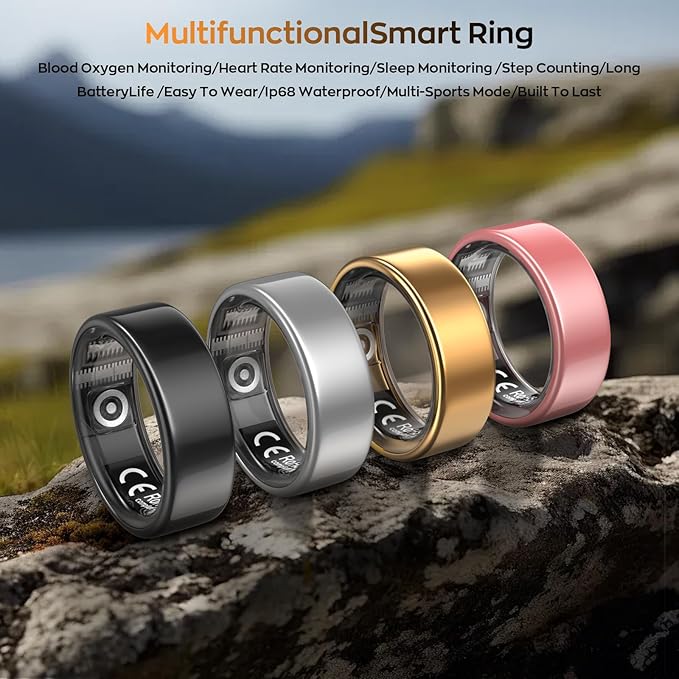 Smart Ring with Sleep Monitoring, Step Counting, Heart Rate for iPhone and Android, No Subscription Fee, IP68 Waterproof Health Tracker (Blue, 8) (Rose Gold, 10)