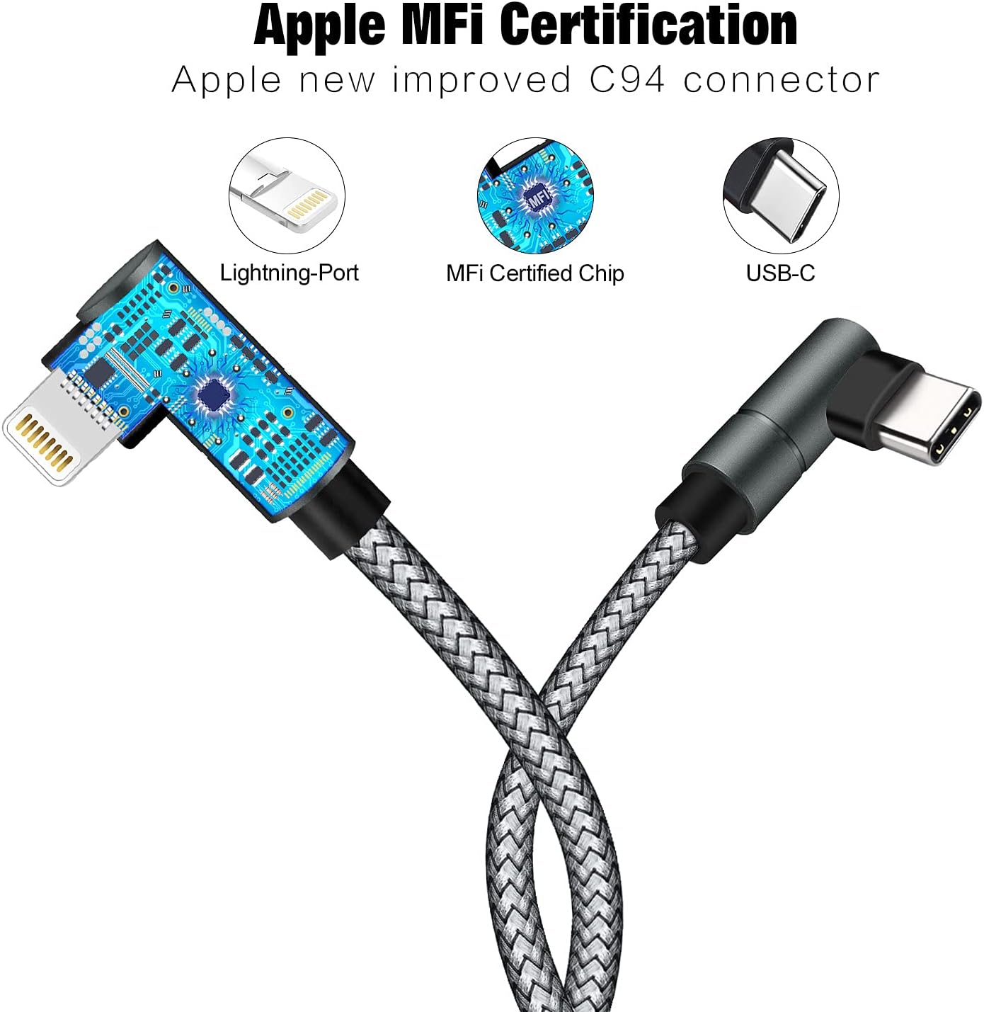 USB C to Lightning Cable MFi Certified PD Fast iPhone 12 Charging 6ft Cable 90 Degree Type C Charger Cord Compatible with iPhone 13/12/12 ProMax/12Mini/11 Pro Max/X/XS/XR/8, iPad 8th (Grey) …