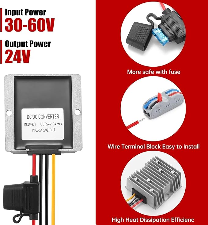 30-60V to 24V 10A 240W Waterproof DC-DC Buck Converter with Fuse | Step Down Regulator For Automotive, Led Lights, Construction Sites, Tools