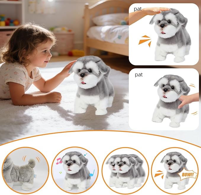 CU-MATE 12" Electric Plush Dog Toys, Electronic Stuffed Animal Dog Toy, Interactive Wuffy Robot Toy, Walking, Talking, Barking & Wagging Tail, Gifts for Boys and Girls (Schnauzer)