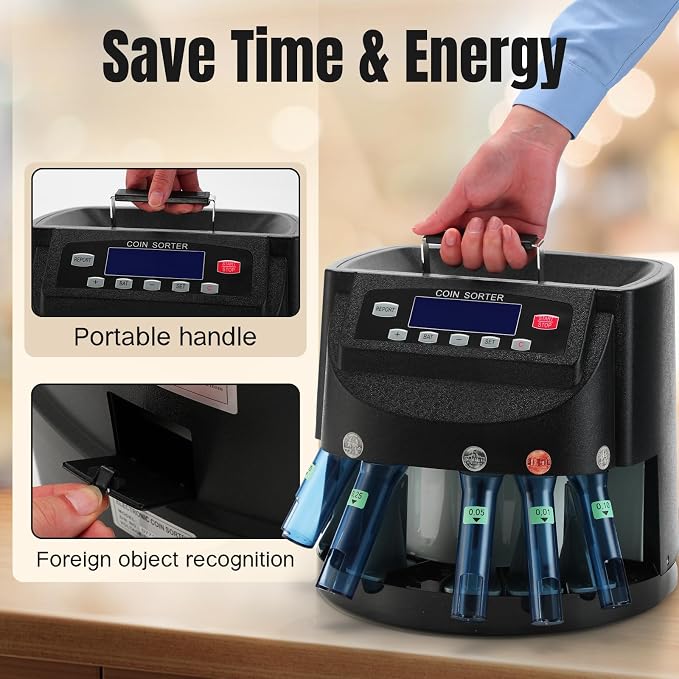 Coin Counter 270 Coins/Min 300-Coin Capacity, USD Coin Sorter and Wrapper Machine with LCD Display, Automatic Change Counter for 1¢ 5¢ 10¢ 25¢ $1, Includes 5 Coin Bins, 5 Tubes & 5 Wrappers
