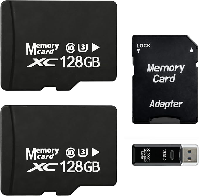 2-Pack 128GB Micro SD Card for Dash Cam, Security Camera, Retro Gaming, with USB-A 3.0 Reader & SD Adapter, U3 V30 A1 Class 10