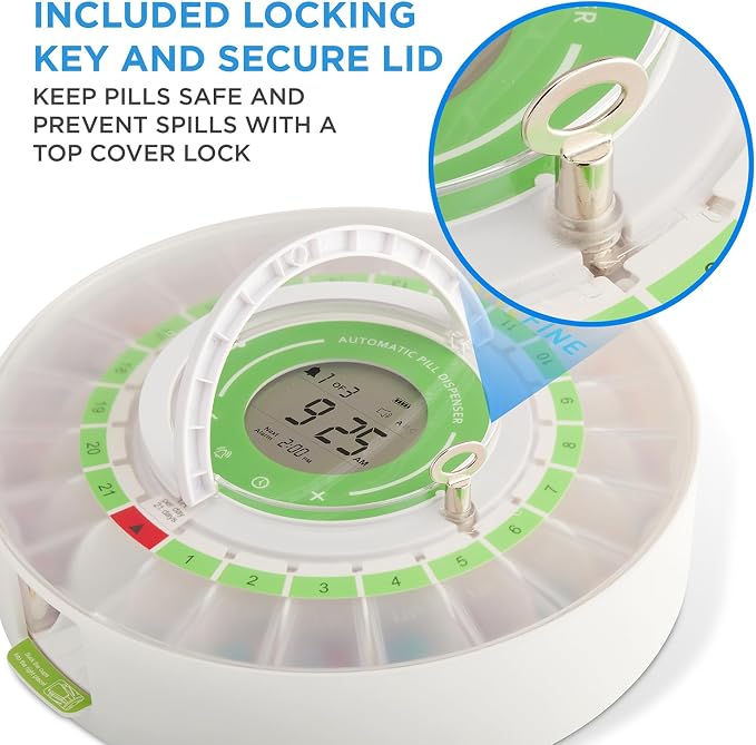 LiveFine Automatic Pill Dispenser with Removable Cups, 21 Compartments, 9 Dosage Rings, Alarm Reminder, LCD Display, Sound & Light Alerts, Locking Key for Vitamins, Supplements, Medications & Seniors