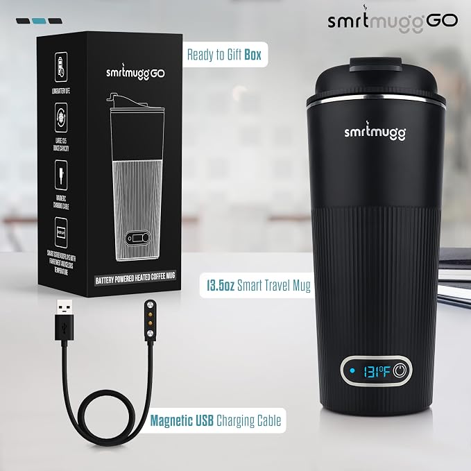 SmrtMugg GO Heated Coffee Mug, Travel Mug, 13.5 OZ. Smart Mug, Battery Powered Heated Coffee Mug, Great for Coffee and Tea, Snap on Magnetic Charging Cord, adjustable temperature (Black)