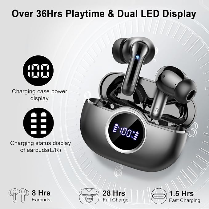 Wireless Earbuds, 2026 Bass-3.0 Bluetooth 5.4 Headphones 3D-Stereo Ear Buds, 4 ENC Noise Cancelling Mic, 40+Hrs USB-C in-Ear Earphones, IP-X7 Waterproof Sport Workout Gym for Laptop Pad Android iOS