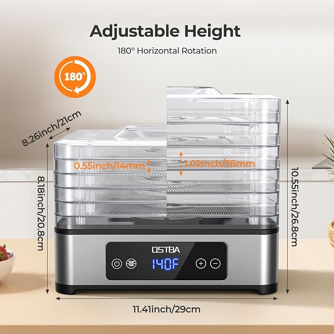 OSTBA Food Dehydrator, 5 Stainless Steel Trays, 400W Powerful Drying, 48H Timer & 95–160°F Temp Control, Quiet Small Dryer for Jerky, Fruits, Herbs, Mushrooms, BPA-Free, Recipes Included