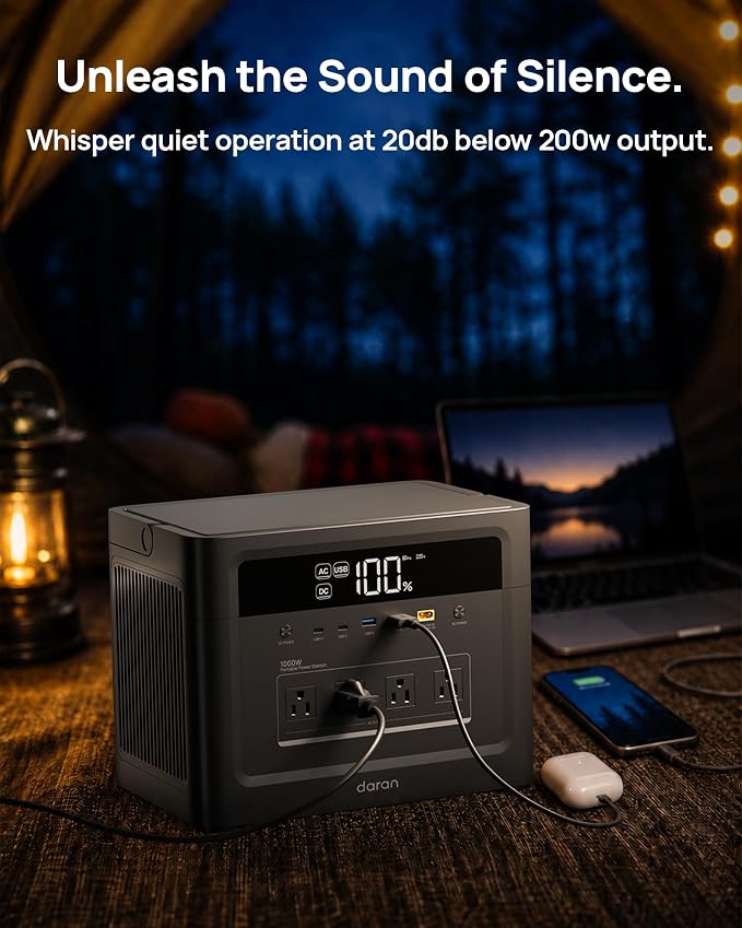 DaranEner 2026 Portable Power Station 960Wh LiFePO4 Battery, 1000W AC/USB-C PD 100W Output, 1 Hr Fast Charge, Solar Generator for Home Backup, Camping, Emergency, RV, Off-Grid Living (Surge 200W)