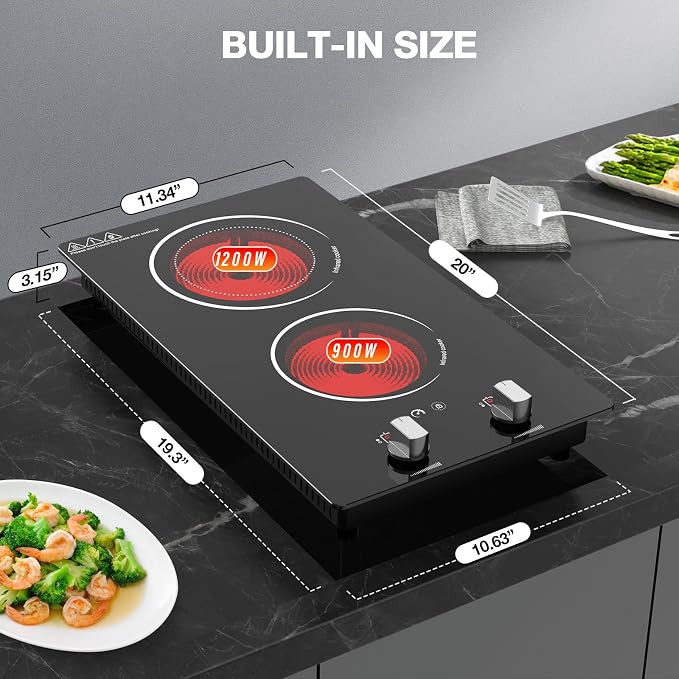 2 Burner Electric Cooktop, 2100W Electric Stove Top Hot Plate, 12 inch Countertop Burner & Built-In Stove Top, 9 Levels of Power, Knob Control, Timer & Kid Safety Lock, Residual Heat Warning