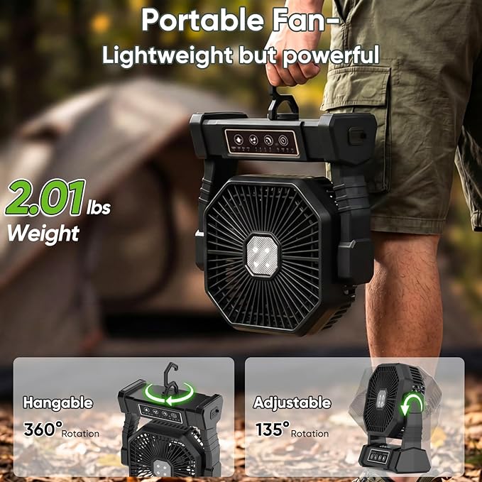 COZII Battery Operated Fan, 20000mAh Rechargeable Portable Fan with LED Lantern - 3 Colors, 4 Speeds, 4 Timing, Adjustable Head with Hook, Camping Fan for Table, BBQ, Beach, Hiking, Travel
