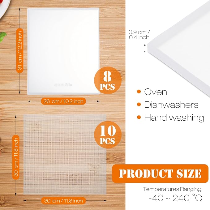 Thenshop 8 Pcs Silicone Dehydrator Sheets Trays with Edge and 10 Pcs Mesh Dehydrator Mats Non Stick Reusable Fruit Leather Trays Accessories for Liquid Making Food Fruit Meat Egg Vegetables (White)