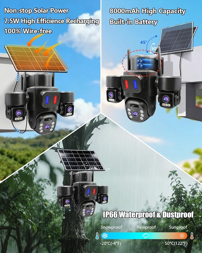 Triple Lens Solar Camera Wireless Outdoor for Home Security | Triple Lens Linkage PTZ 360º Coverage,10x Digital Zoom,PIR Detection & Auto Tracking,Two-Way Audio Talk, No Subscription Fee