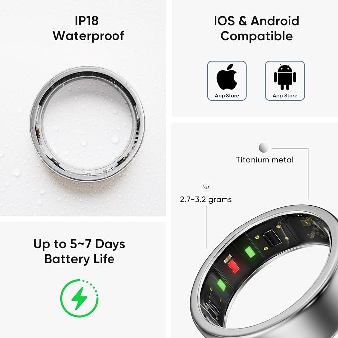 Smart Ring, Titanium Health & Fitness Tracker with Sleep, Heart Rate & SPO₂ Monitoring, Ultra-Light, 4–6 Day Battery, No Subscription, for Women & Men （Silver 7