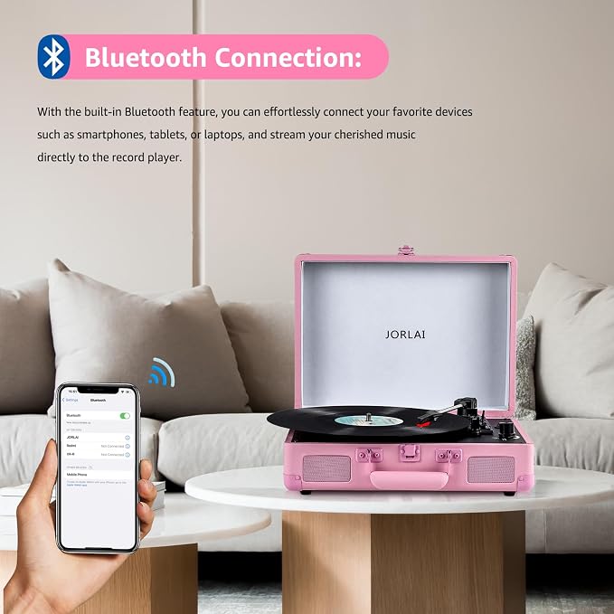 Portable Record Player with Bluetooth 3 Speed Turntable Built in Rechargeable Battery Vintage Suitcase Design with RCA Line Out and Aux in
