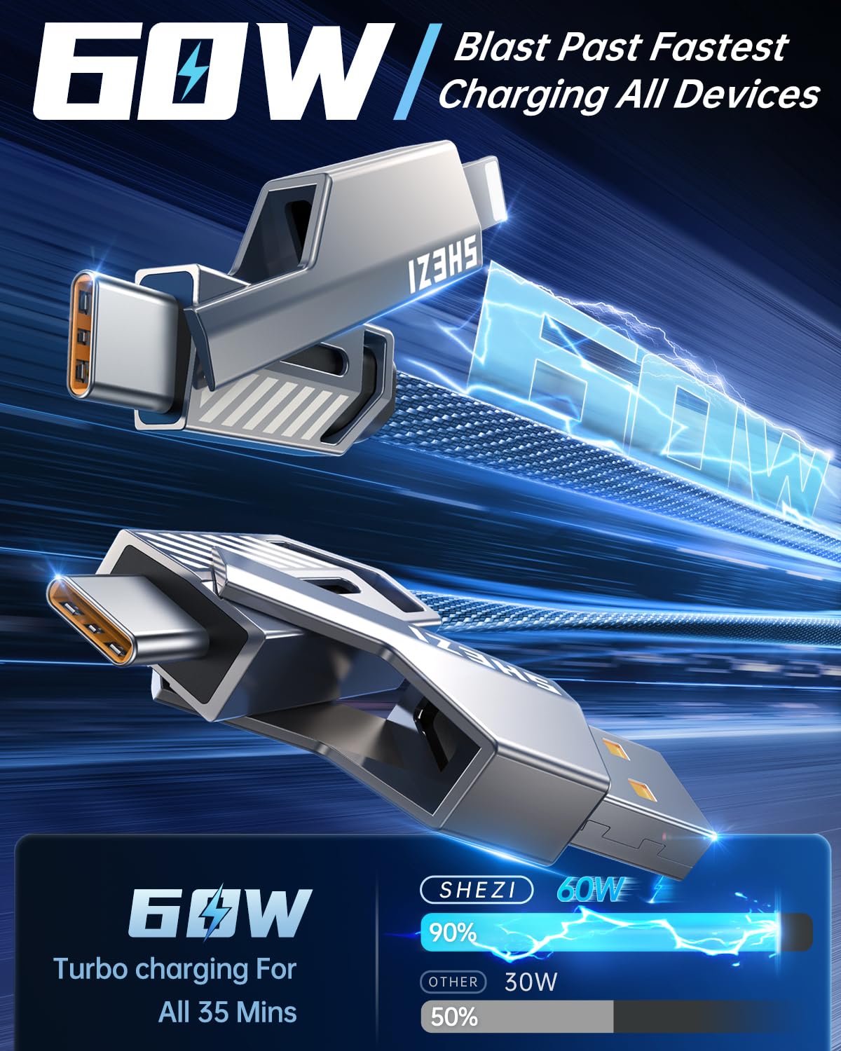 SHEZI [Upgraded 2.0] 4-in-1 Long USB C Cable 60W 10FT Fast Charging [480Mbps Data Transfer] Flat Braided Multi Charger Cord Wire Combo with L/USB C/A Port for iPhone/iPad & All Devices, Grey