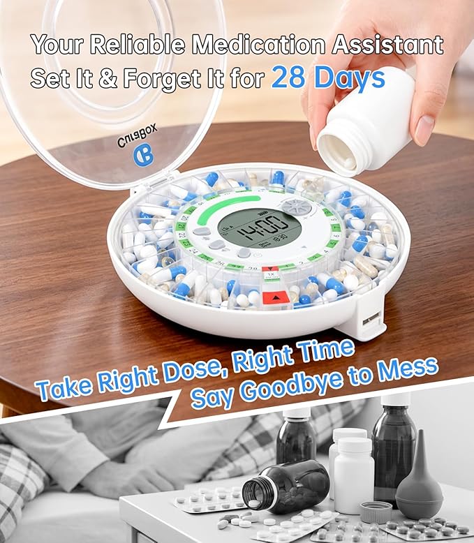 Bluetooth Automatic Pill Dispenser with App, Alarm, Light Alerts, 28-Day Medication Organizer for Seniors & Caregivers with Tracks Adherence History, Clear LCD, Key Lock, for Vitamins Prescriptions