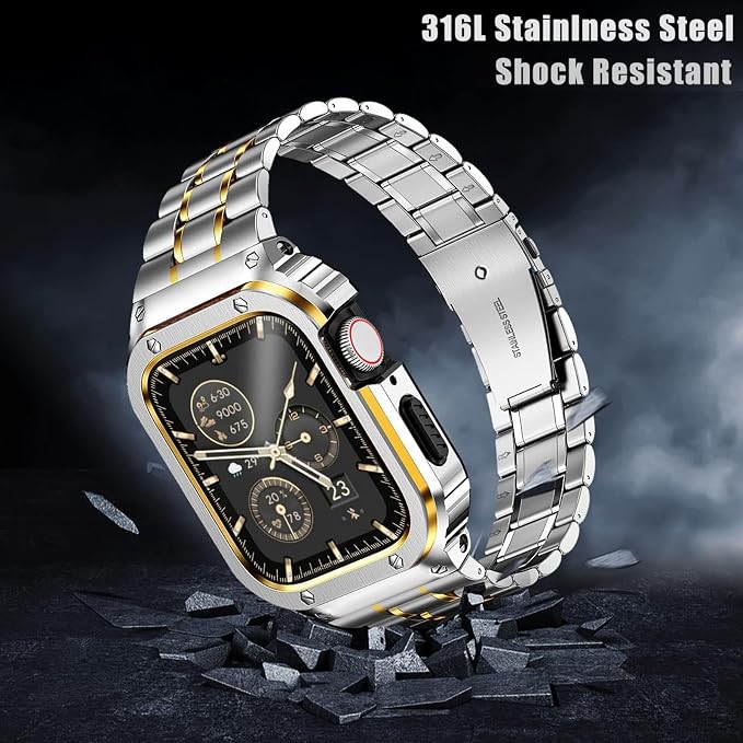 MioHHR Stainless Steel Watch Band with Case Compatible with Apple Watch Series 6 5 4 SE3/2/1(44mm) Series 3/2/1(42mm),Rugged Strap with Metal Protective Bumper Cover for iWatch Band Men(Silver/Gold)