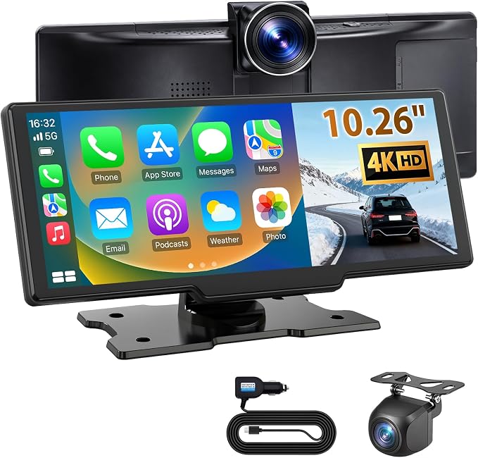 10.26" Portable Wireless CarPlay Screen for Car, Carplay & Android Auto Touchscreen with 4K Dash Cam, 1080P Backup Camera, 64GB SD Card, Apple Carplay Screen with GPS, Airplay, Mirror Link