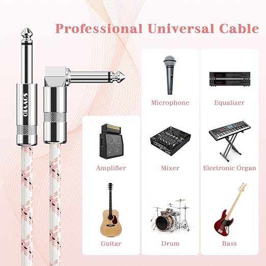 10FT Instrument Cable - Electric Guitar & Bass Cable with Right Angle 1/4 Inch Connector - Pink White