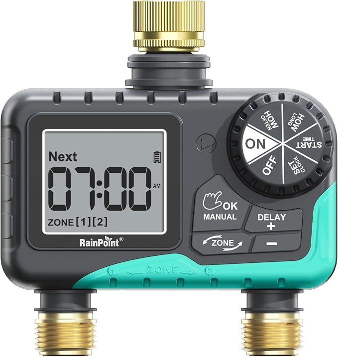 RAINPOINT 2 Zone Sprinkler Timer with Brass Inlet and Outlet - Water Timer for Garden Hose with Rain Delay/Manual Watering/Automatic Irrigation Controller for Yard(Blue Green)
