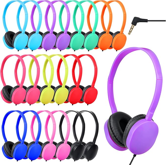 Bulk Classroom Headphones for Students School 20 Pack Wholesale Headphones Class Set with 3.5mm Jack for Chromebook Laptop PC Computer (10 Mixed Colors)