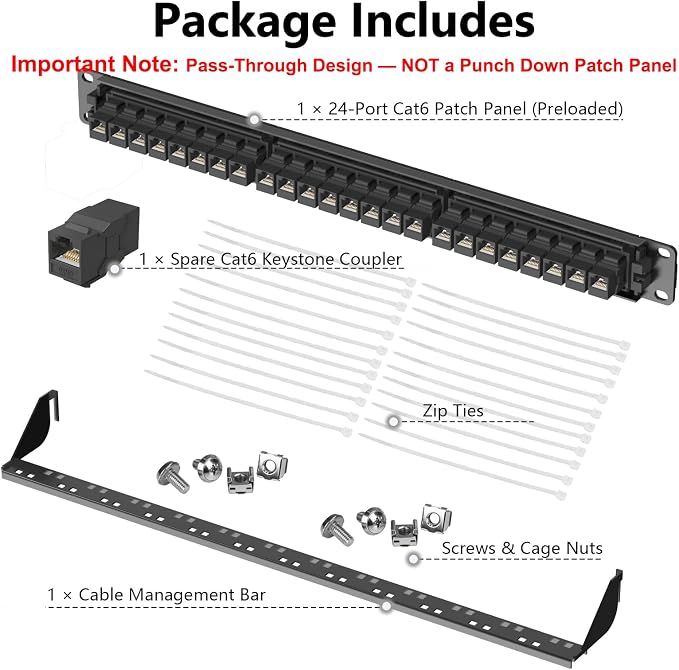 Jadaol [UL Listed] 24 Port Patch Panel Rackmount or Wall Mount 19-Inch, 1U Cat 6 Network Panel Preloaded with 24 Keystone Couplers Plus 1 Spare, 10Gbps Ethernet Panel with Cable Management & Back Bar