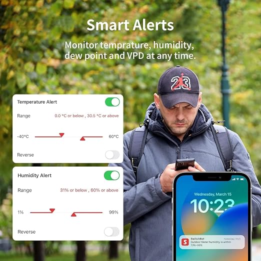 SwitchBot Wi-Fi Humidity Sensor 4 Pack with Hub 2 (Matter Enabled), IP65 Indoor Outdoor Thermometer Wireless, Humidity/Temperature/Dewpoint/VPD Sensor with Smart Alerts, Compatible with Alexa
