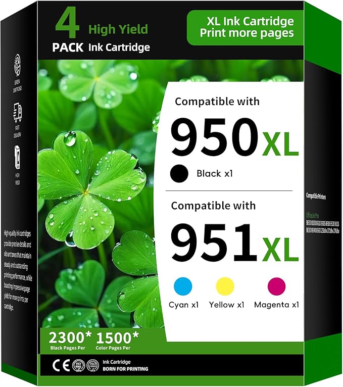 950XL/951XL Ink Cartridge 4-Pack Replacement for HP 950 and 951 Combo Pack Compatible with HP OfficeJet Pro 8600 8610 8615 8620 8625 8100 8660 276DW 251DW Printer Ink(4PK Black Cyan Magenta Yellow)