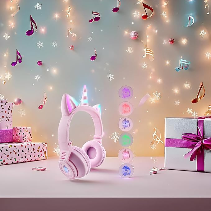 Unicorn Kids Headphones for Girls,7 Colour Flash Unicorn Bluetooth Headphones Foldable for Girls Toddlers Tablet/pad/Amazon fire,Light Up Kids Wireless Headphone Birthday Gifts (Purple Pink)