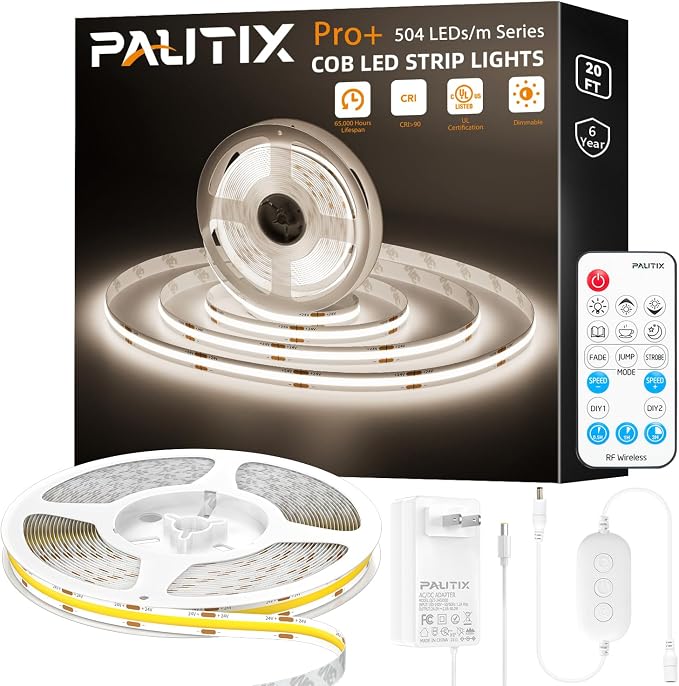 PAUTIX COB LED Strip Light White 5000K 20ft/6.1m,3087LEDs Super Bright 6000 Lumen,Dimmable 24V LED Tape Light with 3M Tape,RF Remote with Timer Function,48W Power Supply,for Bedroom,Home,Kitchen DIY