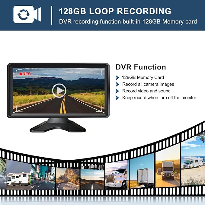5-Channel Wired Cameras Backup Camera 10.36" HD Monitor Touch Screen with 128GB DVR Recording, IP69 Waterproof Truck Trailer Tractor Rear Side Front