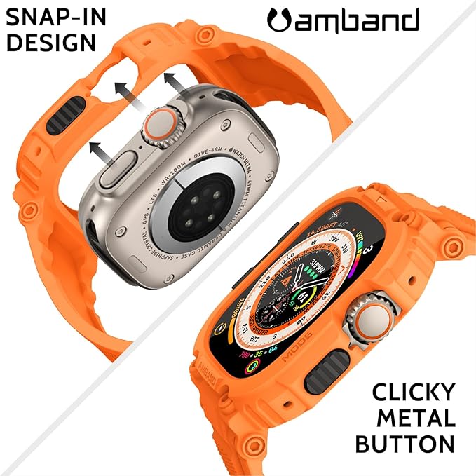 amBand Bands Case Screen Protector Compatible with Apple Watch Ultra 3/2/1 49mm, M1 Sport Series Rugged Cover Strap and 9H Tempered Glass Film, Protective Bumper for iWatch 49 mm Men Orange