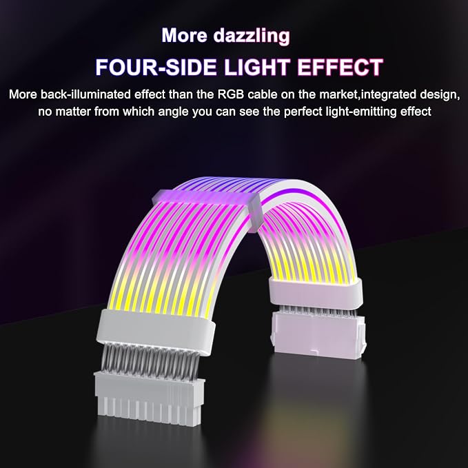 Sirlyr 24 Pin RGB PSU Cables,ARGB PC Cable for Motherboard Power Supply Extension - 5V 3Pin Addressable Four Sides Lighting RGB Strips Decor Computer Case White