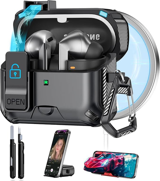 Case for Samsung Galaxy Buds3 FE (2025)/Buds3 Pro & Galaxy Buds 3 (2024), Auto-Open, Phone Stand & Secure Lock Design, Compatible with MagSafe, Shockproof Hard Case Cover with Cleaning Kit & Keychain