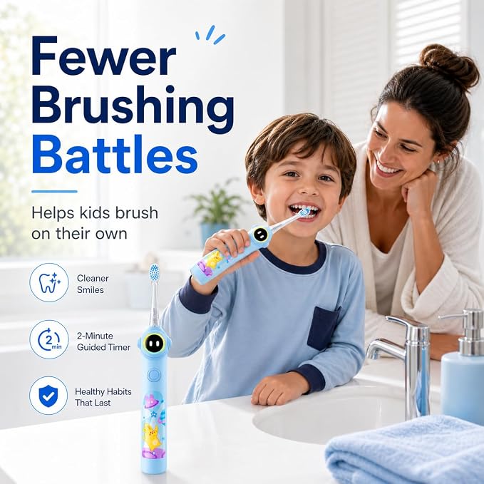 usmile Q30 Kids Sonic Electric Toothbrush, Voice-Guided Full-Mouth Coaching, Missed Spot Alerts & Smart App Reports, Extra-Soft Brush Heads, USB-C Rechargeable, IPX8 Waterproof (Ages 3–12, Blue)