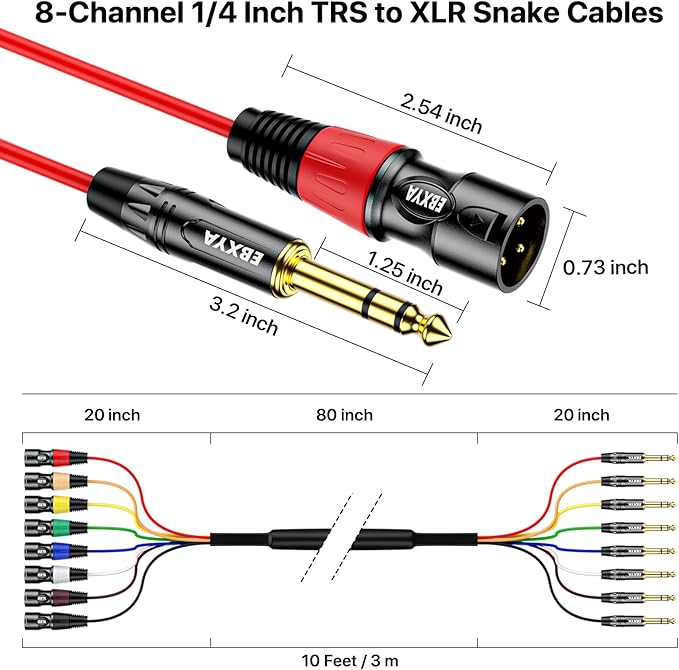 EBXYA 8 Channel 1/4 Inch TRS to XLR Snake Cables, 6.35mm Male Jack Stereo Audio Balanced Line to XLR Cables, 10 Feet 1 Pack