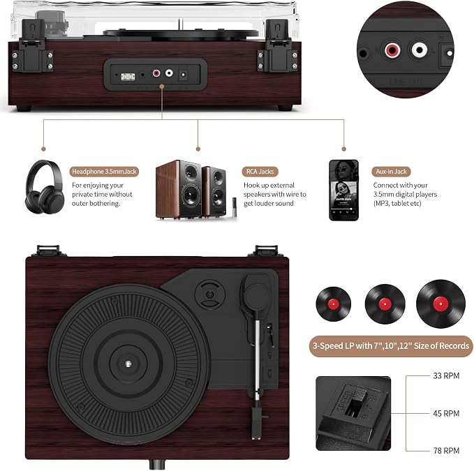 Vinyl Record Player Turntable with Built-in Bluetooth Receiver & 2 Stereo Speakers, 3 Speed 3 Size Portable Retro Record Player for Entertainment and Home Decoration